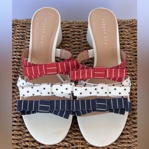 Copper Key Women’s Honor Block Heel Sandal R/W/B Grosgrain Triple Bow Size 8M